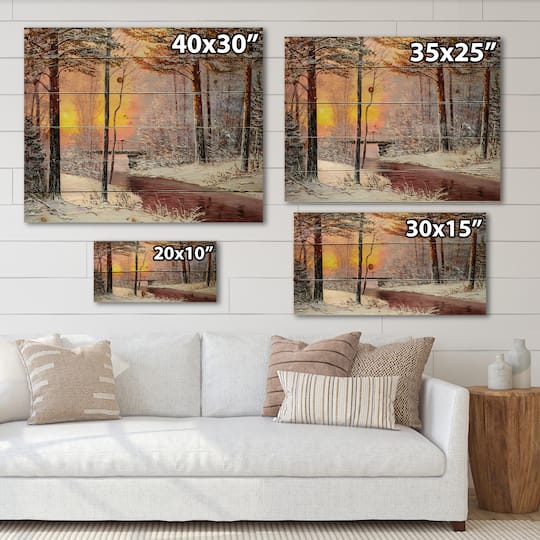 Designart Christmas Forest with River & Trees IV Print on Natural Pine Wood